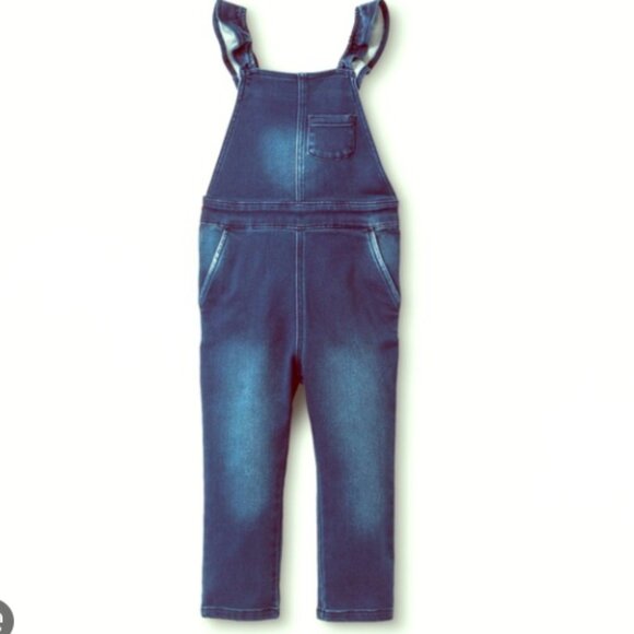 Toddler Girls Genuine Kids OshKosh Dark Wash Stretch Denim Ruffle Overalls sz 2T - Picture 1 of 5